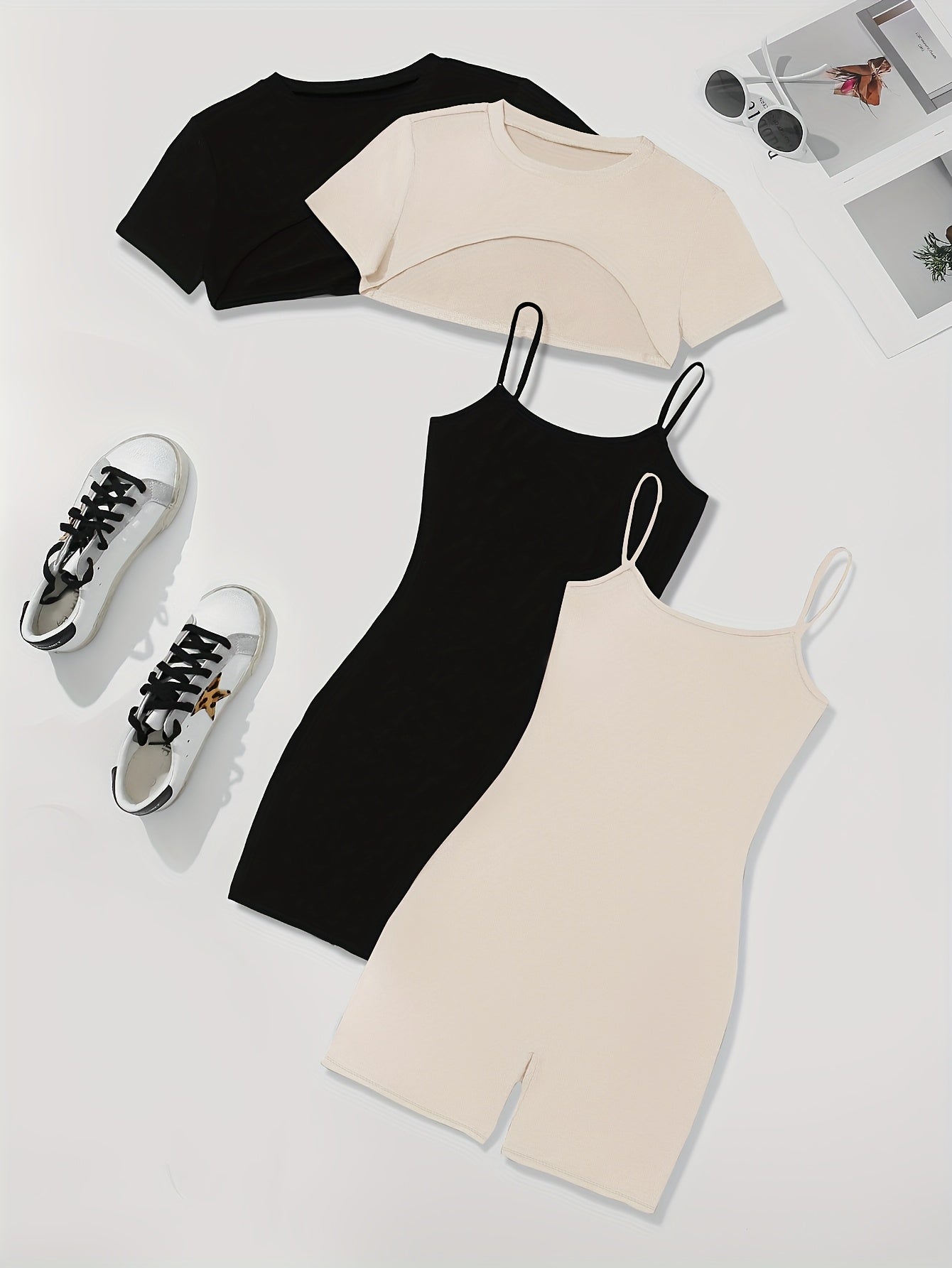 2-Pack Casual Shorts Set - Crew Neck Crop Top, Simple Cami Romper Jumpsuit - Soft Mid-Elasticity Polyester, Machine Washable, Solid Color, Knit Fabric, Perfect for Summer, Womens Clothing